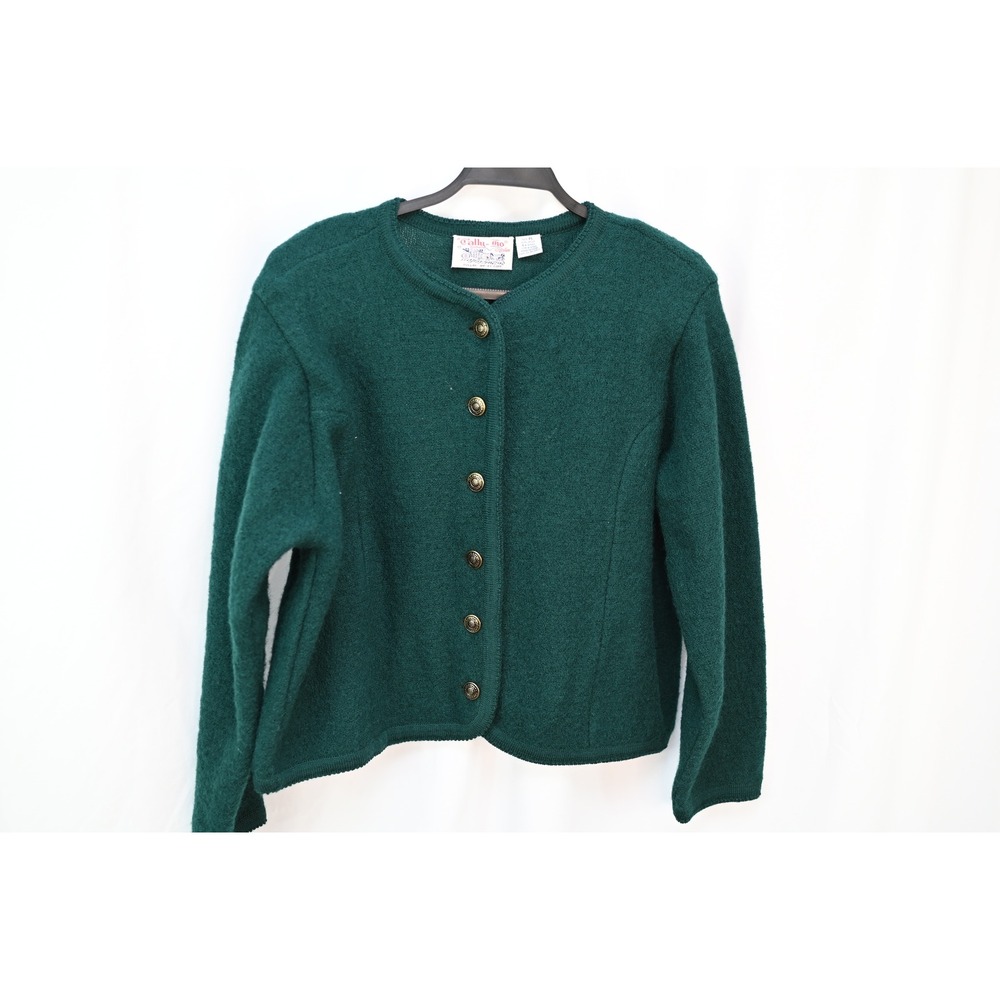 Tally Ho Green Wool Cardigan Petite Large Crest Buttons Removable Shoulder Pads
